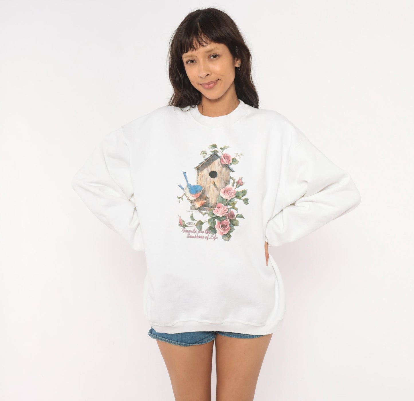 90s Birdhouse Roses Crewneck Sweatshirt White Graphic Floral Extra Large