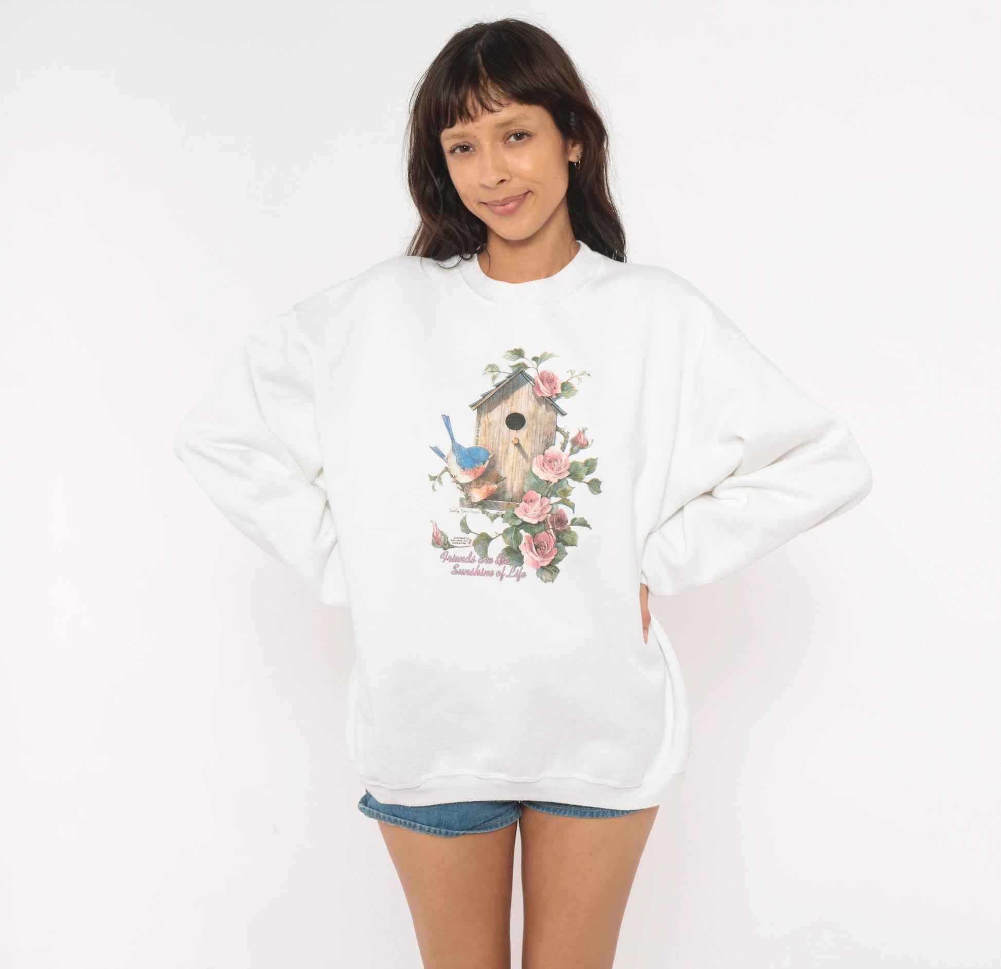 90s Birdhouse Roses Crewneck Sweatshirt White Graphic Floral Extra Large