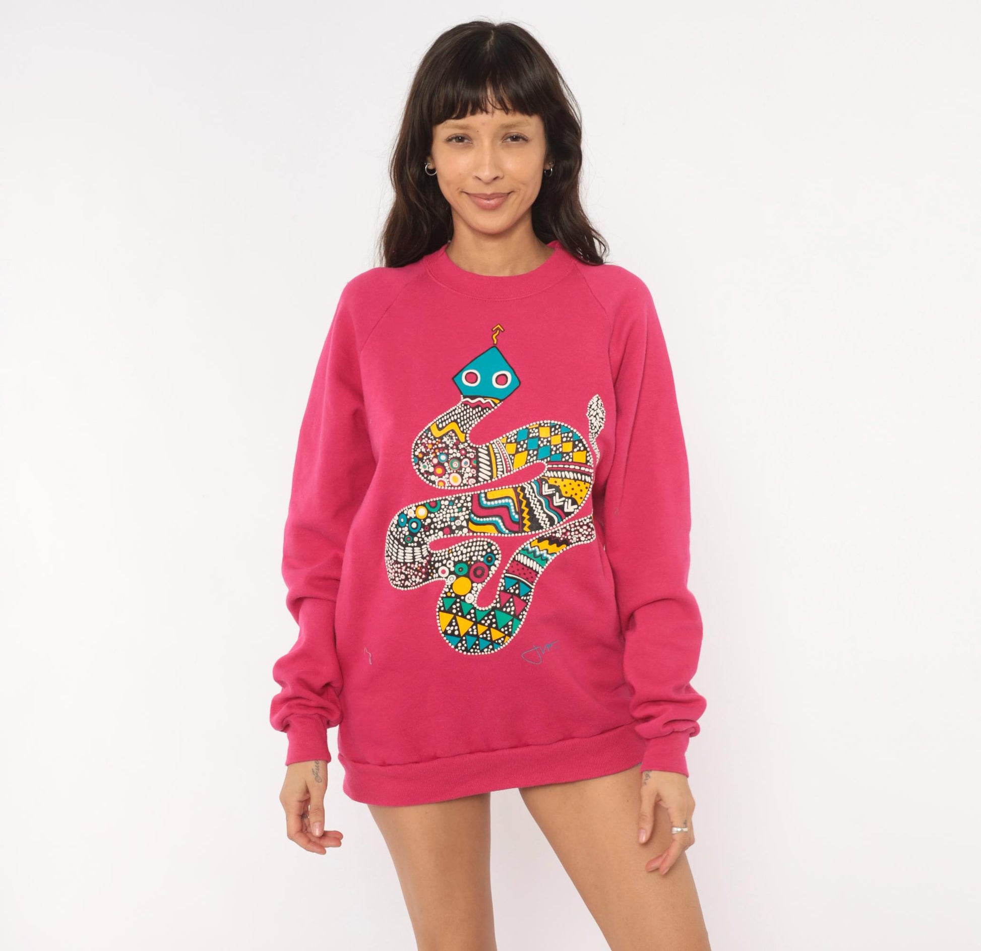 90s National Screenprint Snake Tribal Sweatshirt Hot Pink Raglan Large