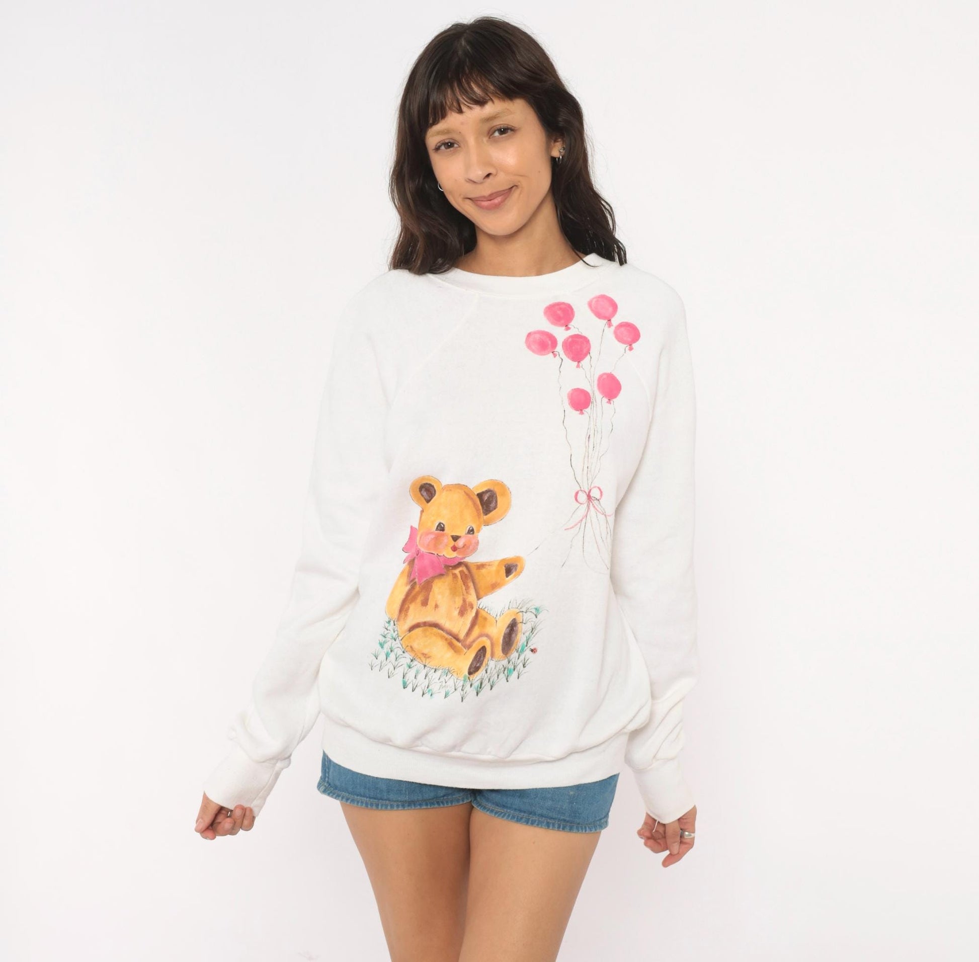 90s Hand-Painted Teddy Bear Sweatshirt White Pink Balloons Raglan Extra Large XL