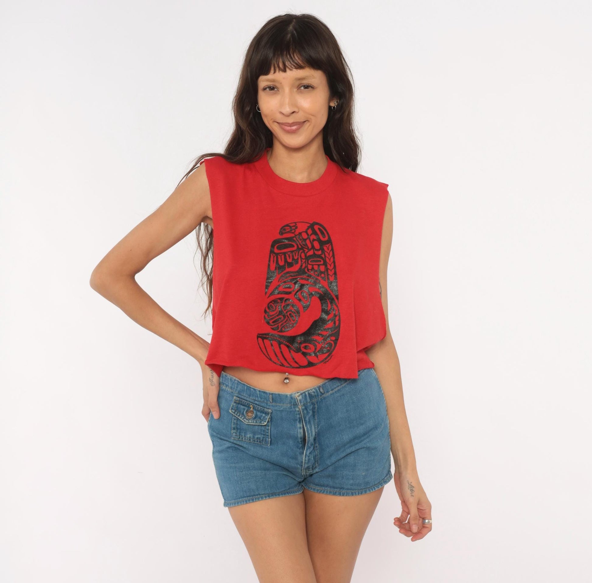 80s Healthknit Red Crop Tank Tribal Totem Print Black Sleeveless Small