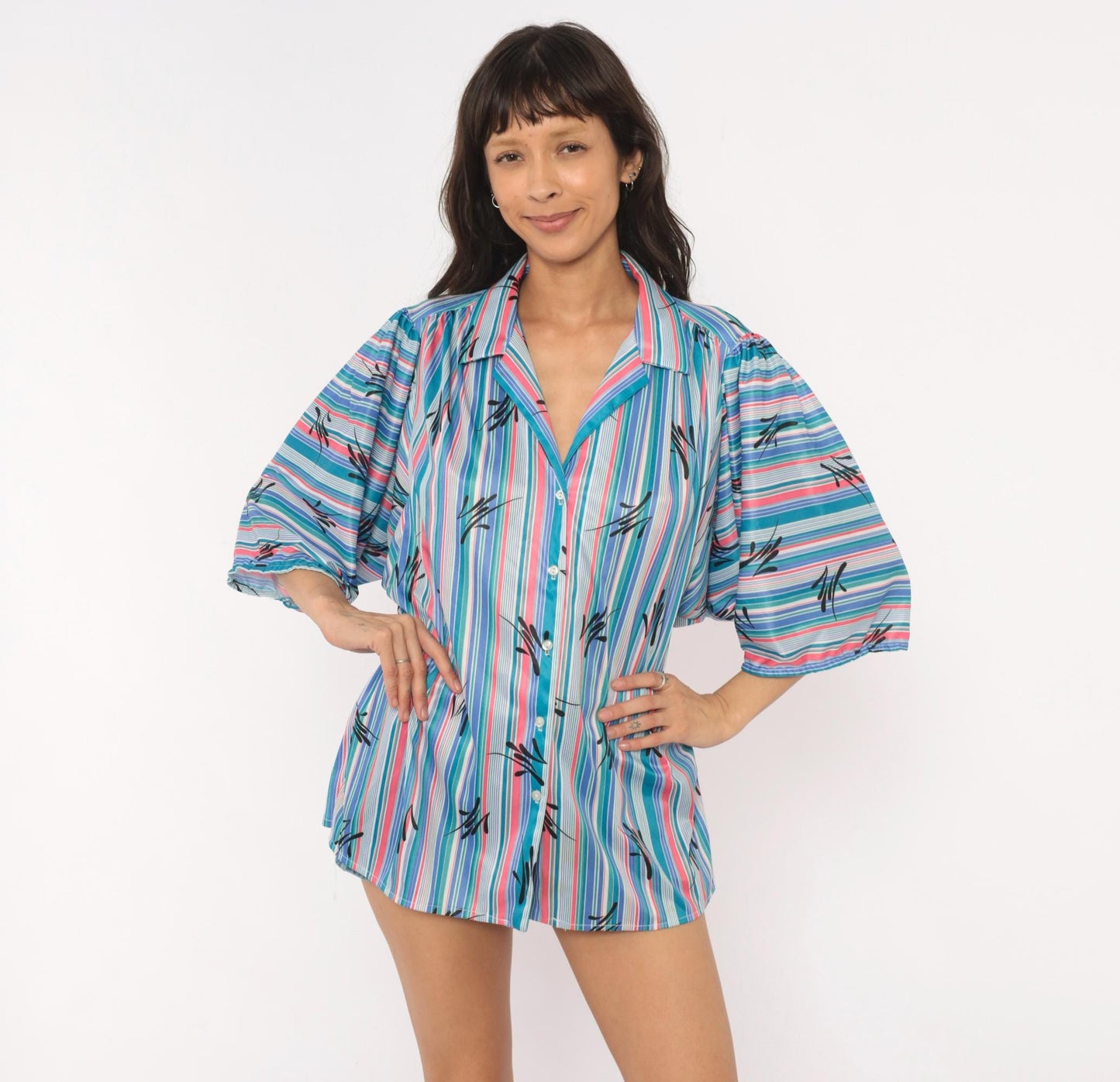 70s Illusions Striped Button Blouse Teal Pink Leaf Print Puff Sleeve Large