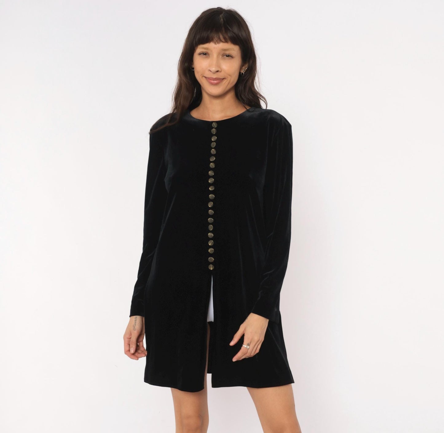90s Hillard & Hanson Black Velvet Mini Dress Brass Buttons Long Sleeve Large