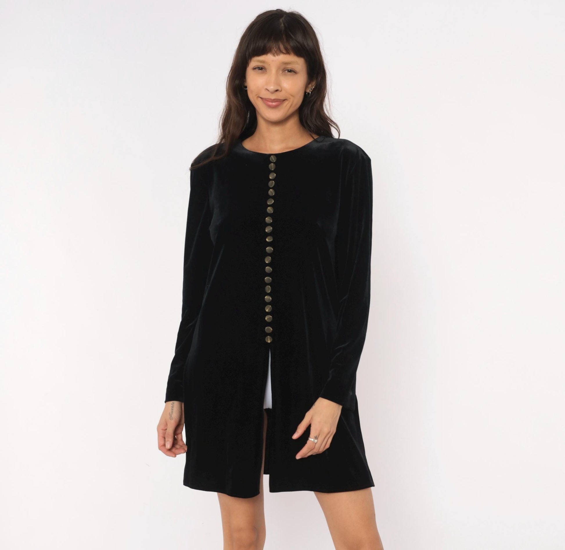 90s Hillard & Hanson Black Velvet Mini Dress Brass Buttons Long Sleeve Large