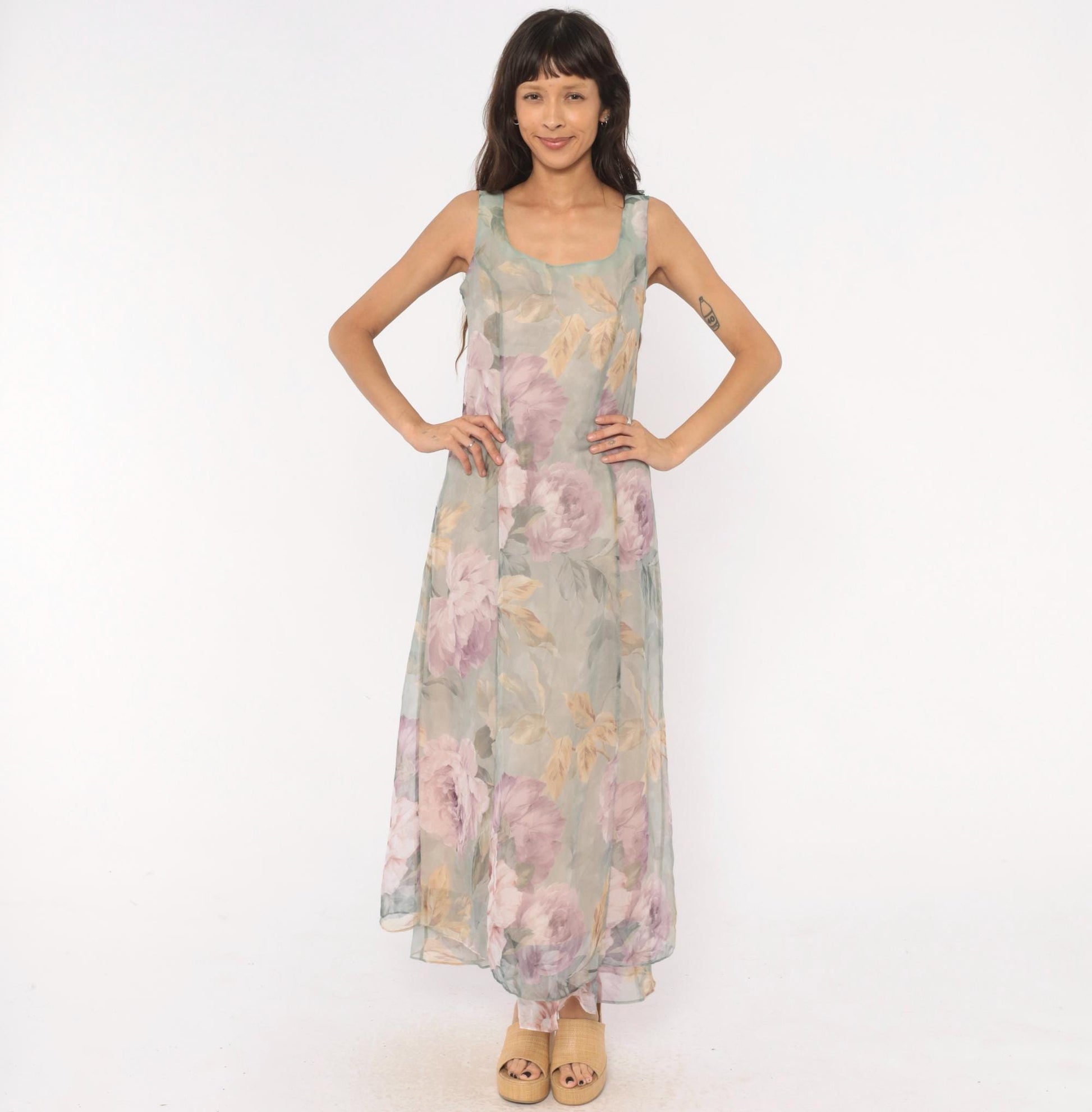 90s Hampton Nites Floral Maxi Dress Sage Pink Chiffon Sleeveless Medium M
