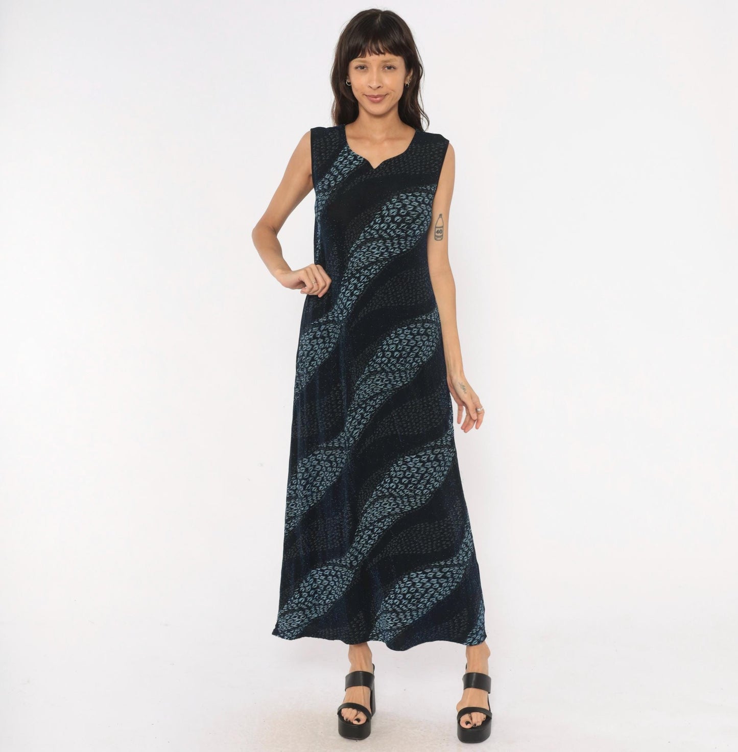 90s Black Blue Leopard Stripe Maxi Dress Sleeveless V Neck Extra Large XL