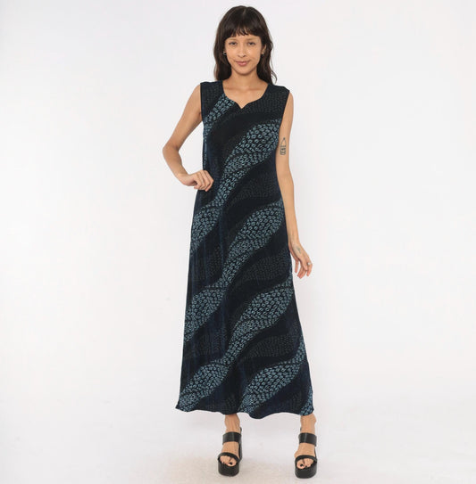 90s Black Blue Leopard Stripe Maxi Dress Sleeveless V Neck Extra Large XL