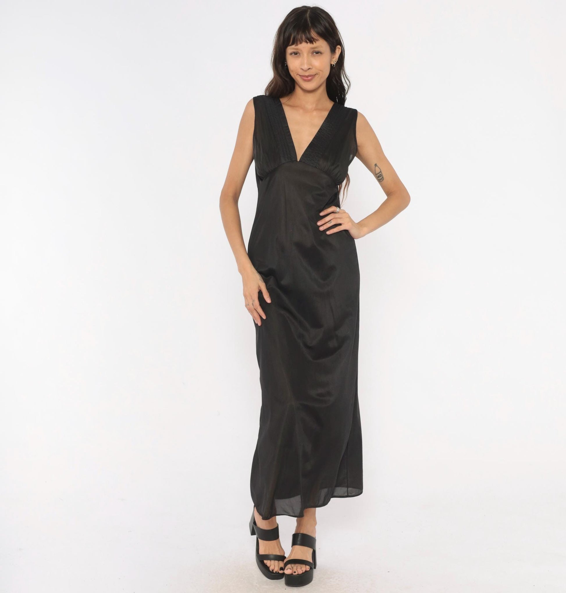 90s Black Sheer Maxi Slip Dress Deep V Neck Empire Waist Medium