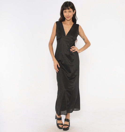 90s Black Sheer Maxi Slip Dress Deep V Neck Empire Waist Medium