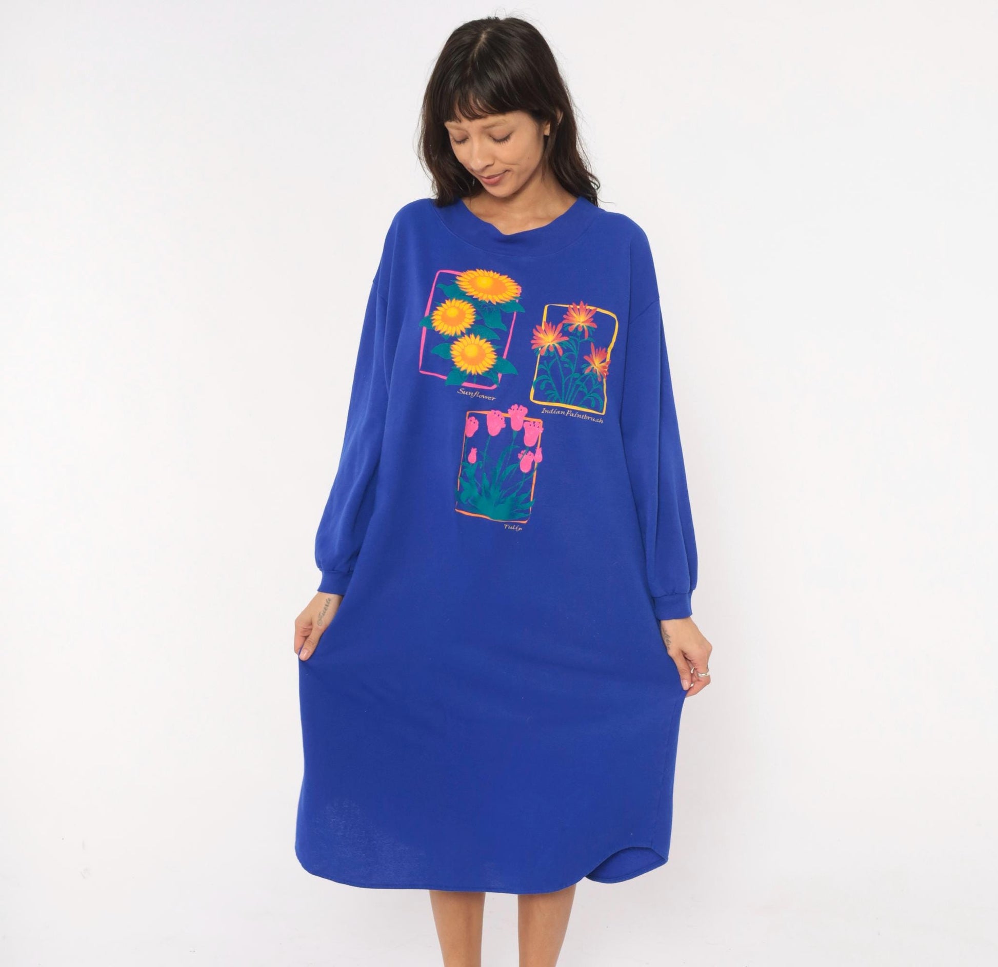 90s Leisure Wear Floral Sweatshirt Dress Cobalt Blue Balloon Sleeve Midi
