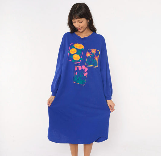 90s Leisure Wear Floral Sweatshirt Dress Cobalt Blue Balloon Sleeve Midi