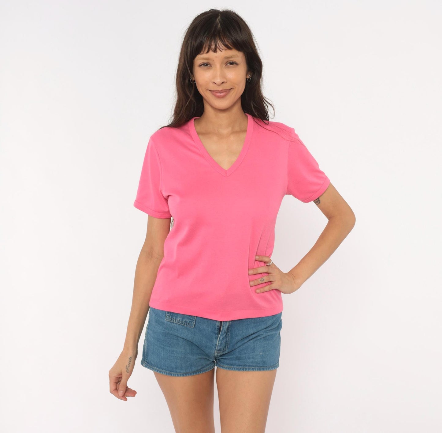 80s Hot Pink V-Neck Tee Short Sleeve Cotton Blend Fuchsia Pullover Large L