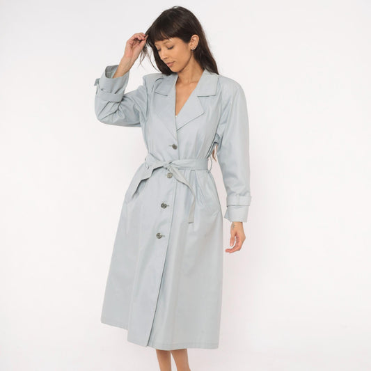 80s London Fog Trench Coat Blue Grey Belted Single Breasted Medium