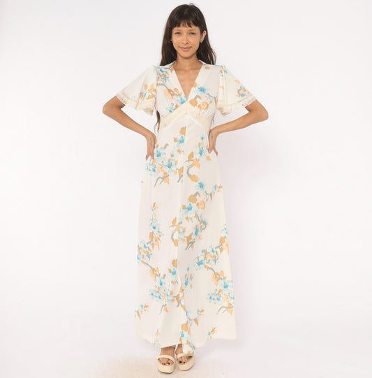 70s Floral Maxi Dress Crochet Lace V-Neck Puff Sleeve Ivory Blue Peach Large