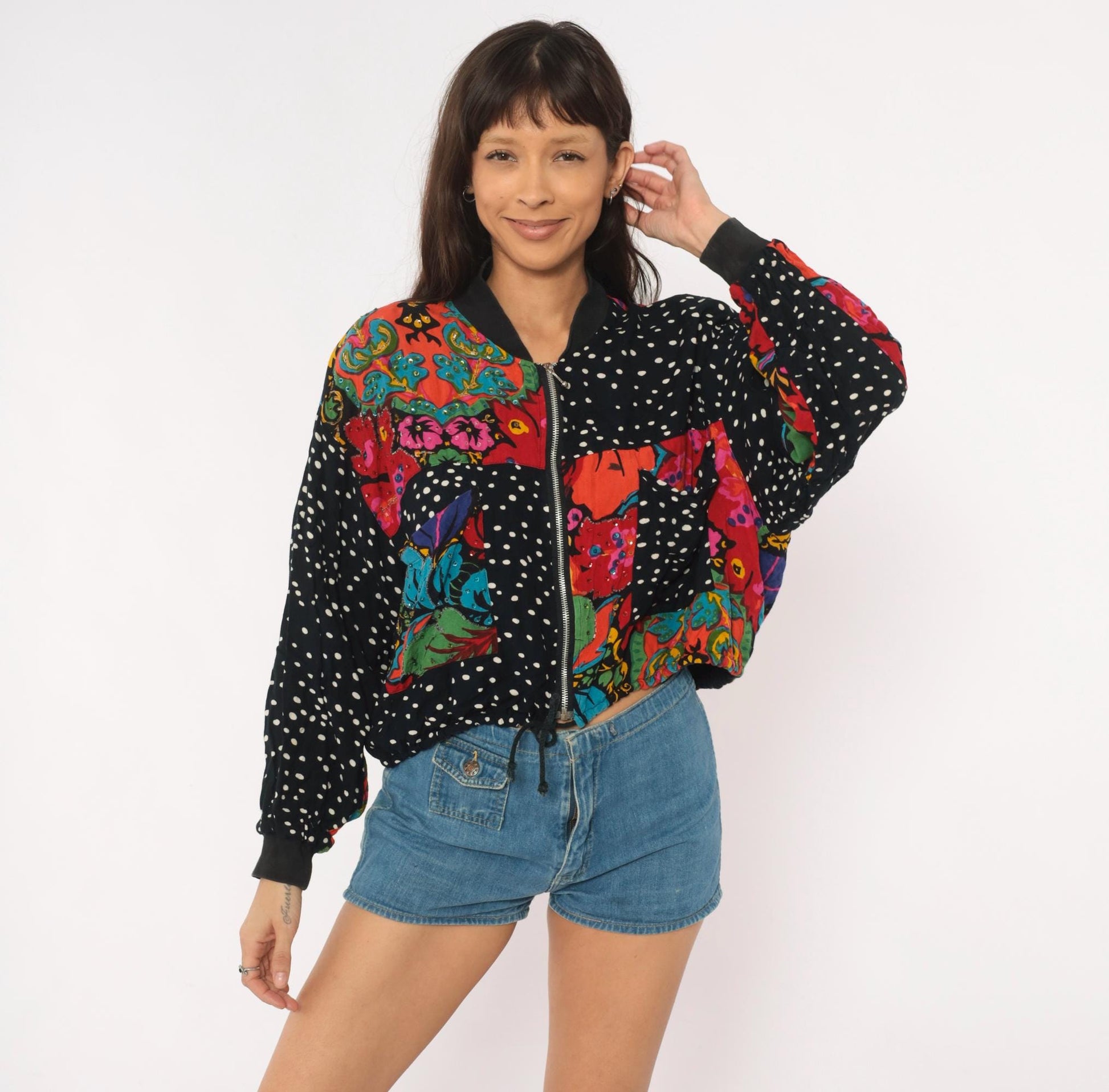 90s Tarazzia Patchwork Bomber Jacket Sequin Polka Dot Floral Small
