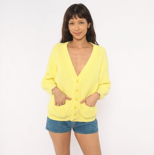 80s Benetton Pale Yellow Cotton Cardigan V-Neck Chunky Ribbed Large L