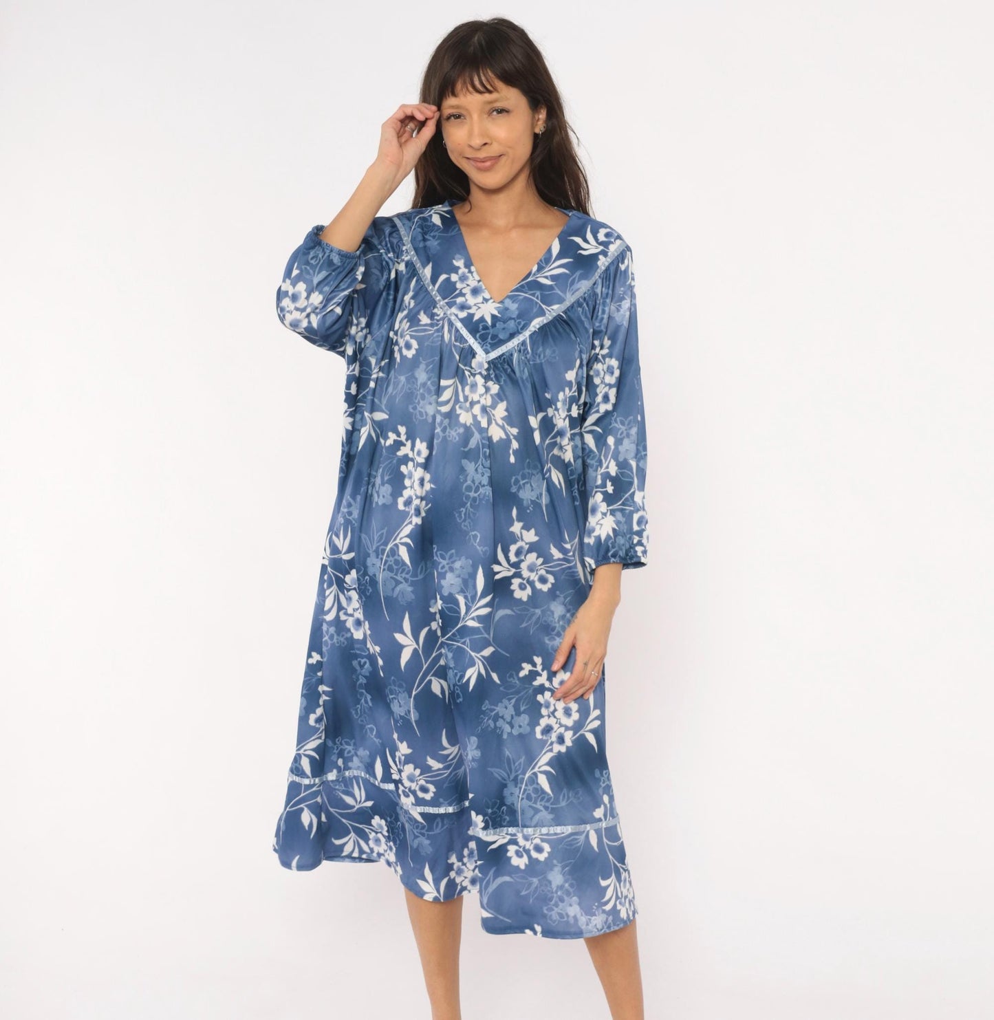 90s Blue White Floral Nightgown Lace Trim Mid-Calf Botanical Gown Medium XL