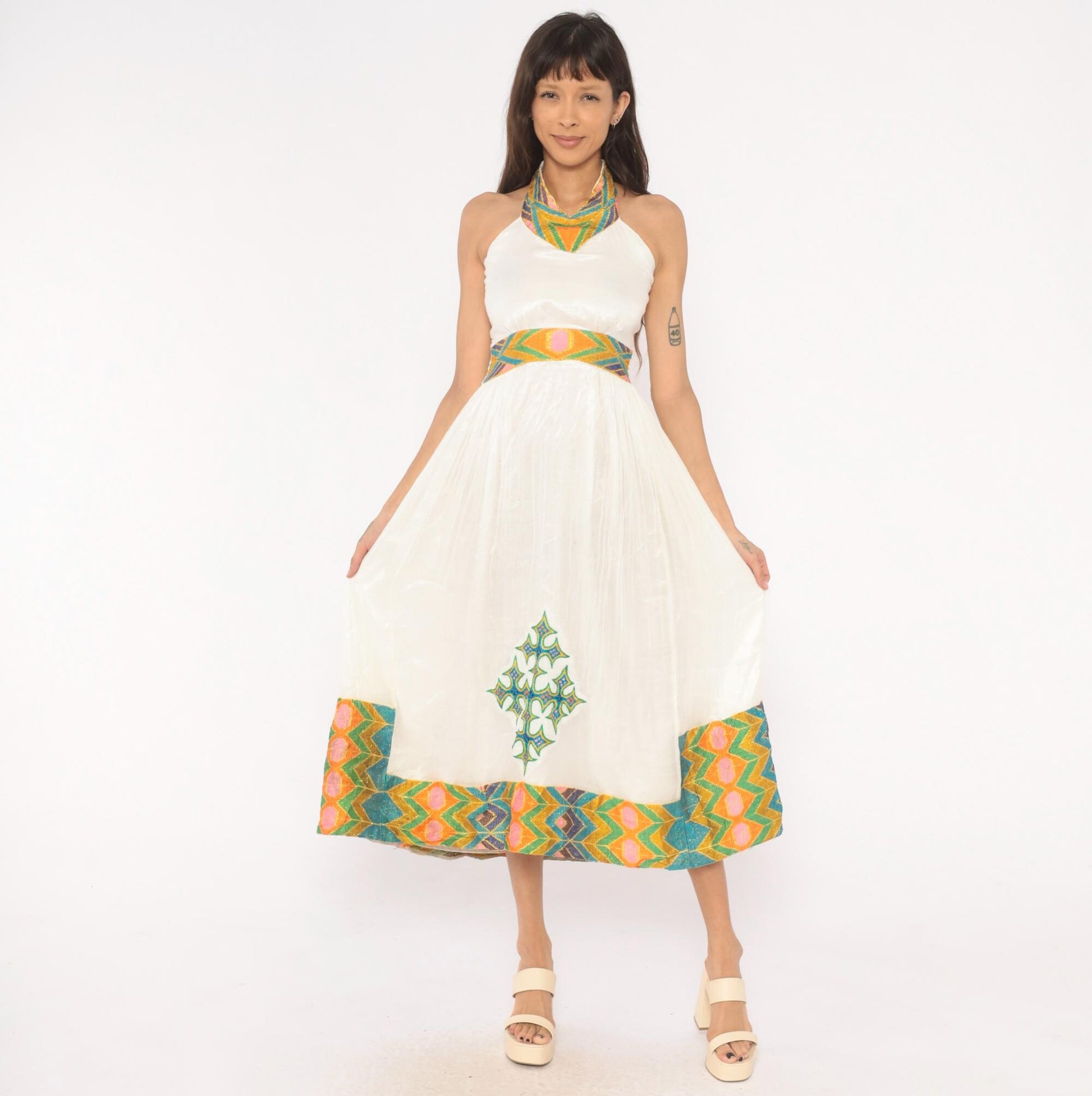 90s White Cotton Gauze Halter Midi Dress Embroidered Cross Geometric Trim Small