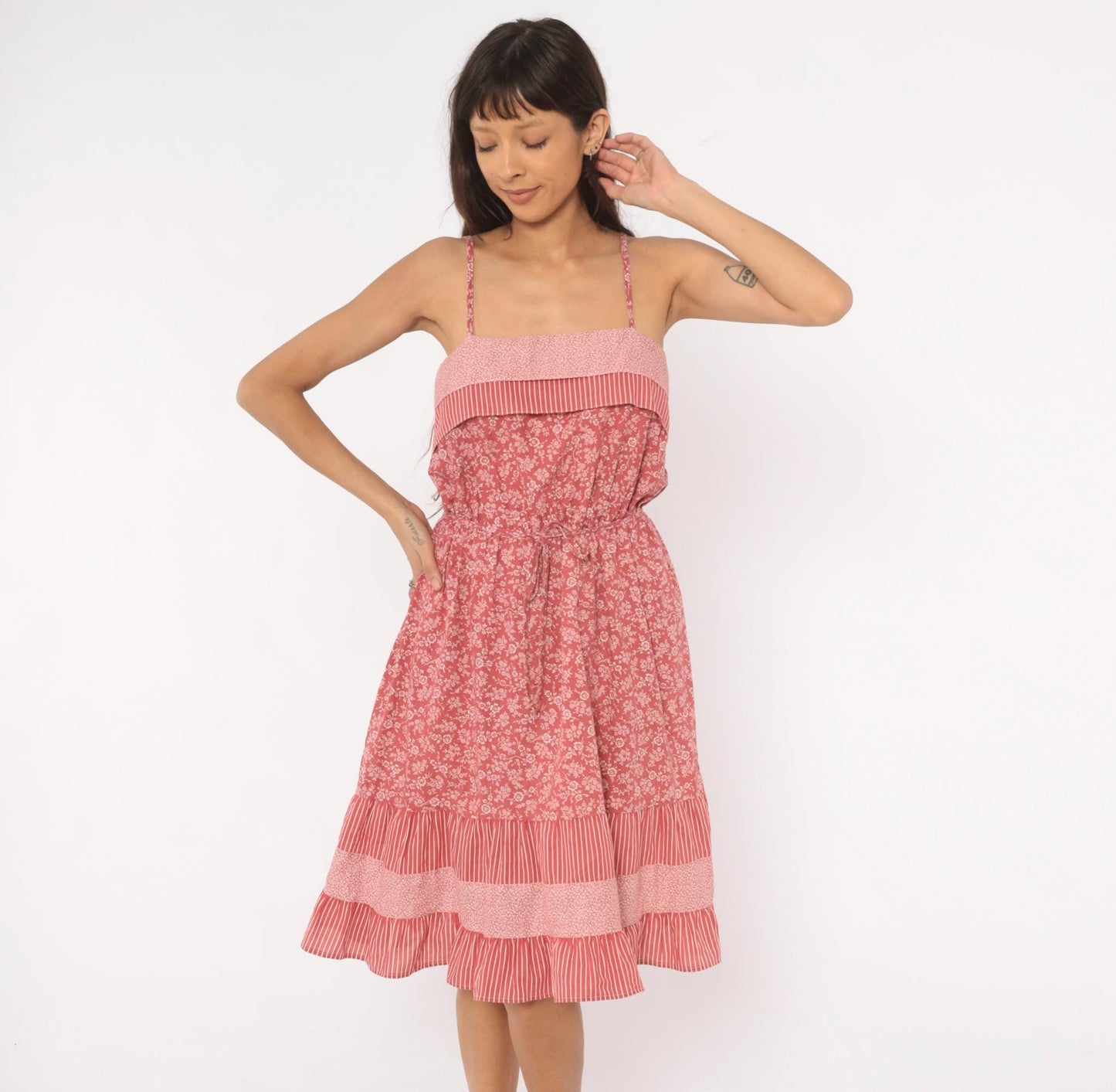 80s Pink Floral Sundress Spaghetti Strap Cotton Drawstring Waist Ruffle Medium M
