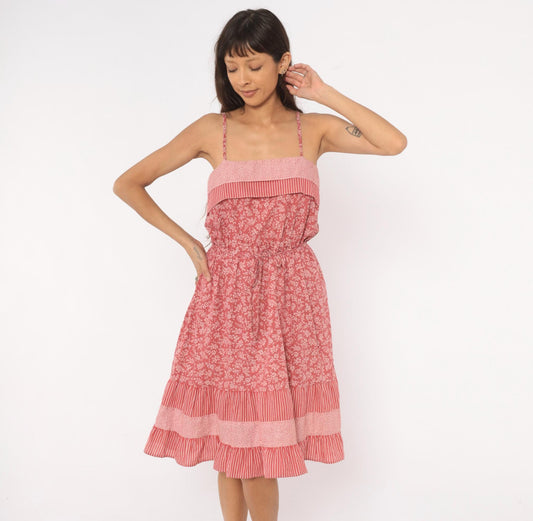 80s Pink Floral Sundress Spaghetti Strap Cotton Drawstring Waist Ruffle Medium M