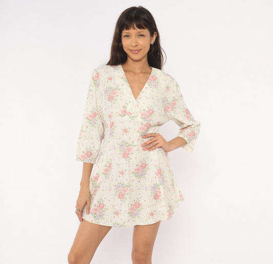 90s Eber Rose Floral Mini Dress Cream V-Neck Rosette Large L