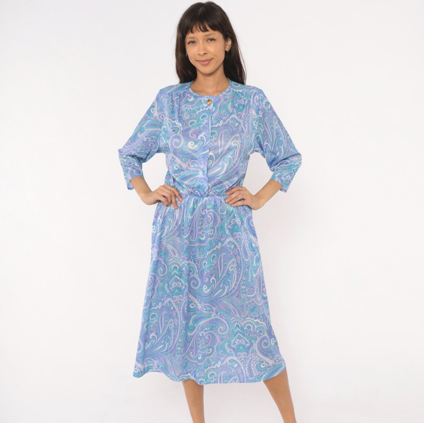 90s Blair Paisley Midi Dress Periwinkle Purple Teal Swirl Print Medium M
