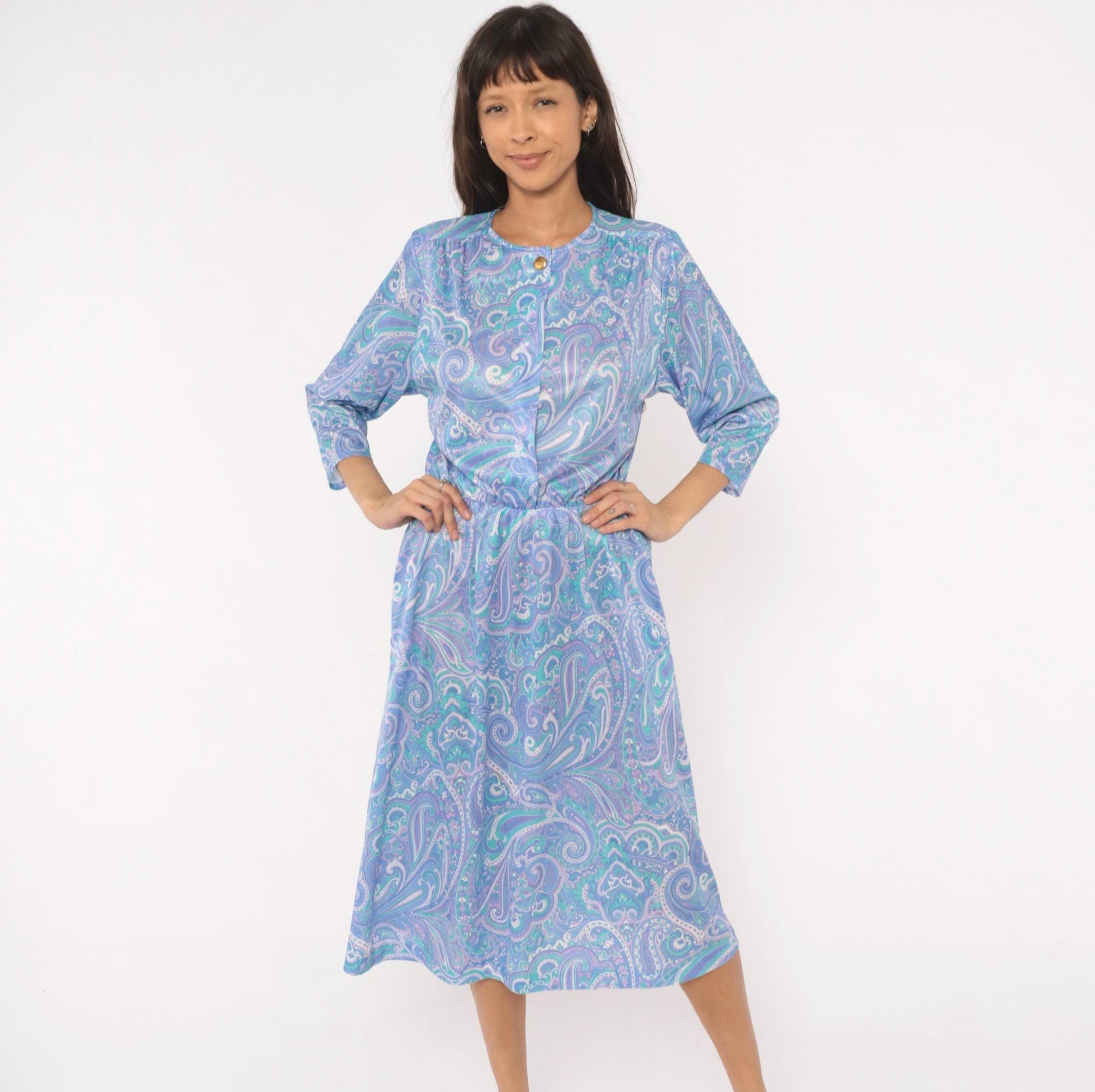 90s Blair Paisley Midi Dress Periwinkle Purple Teal Swirl Print Medium M