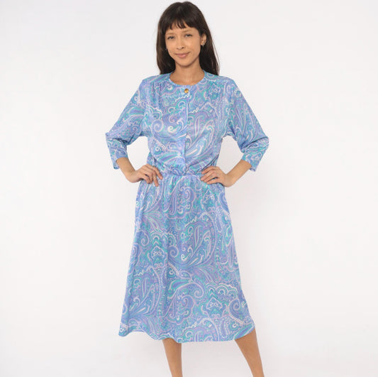 90s Blair Paisley Midi Dress Periwinkle Purple Teal Swirl Print Medium M