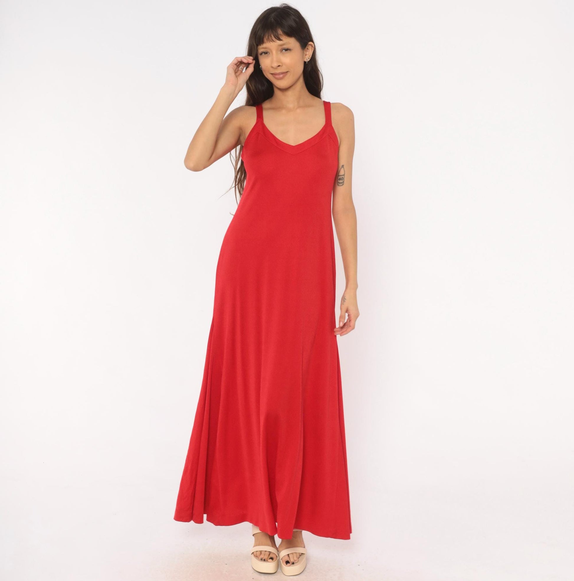 70s Red Maxi Dress V Neck A-Line Slip Gown Strappy Tank Medium M