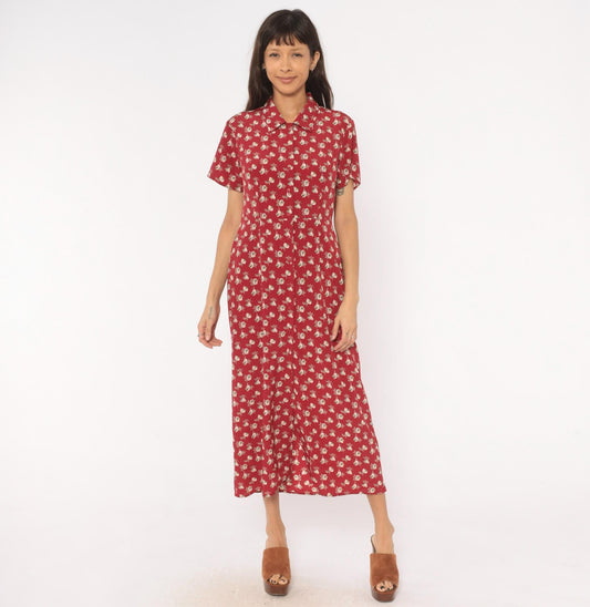 90s Old Navy Floral Maxi Shirtdress Red Cream Button Front Medium M