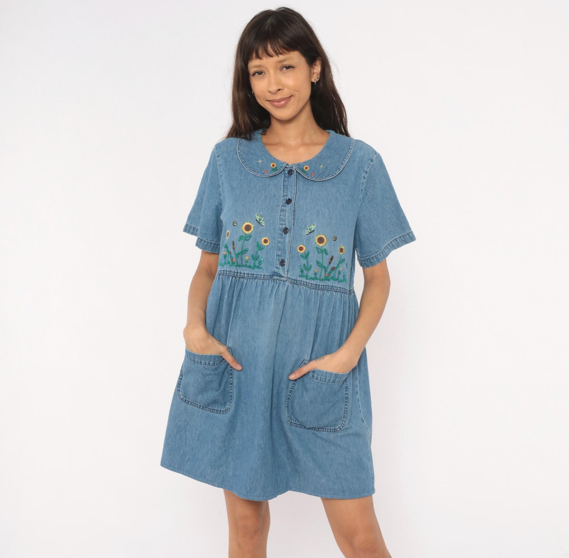 90s Bobbie Brooks Denim Babydoll Dress Sunflower Embroidered Peter Pan Collar Large L