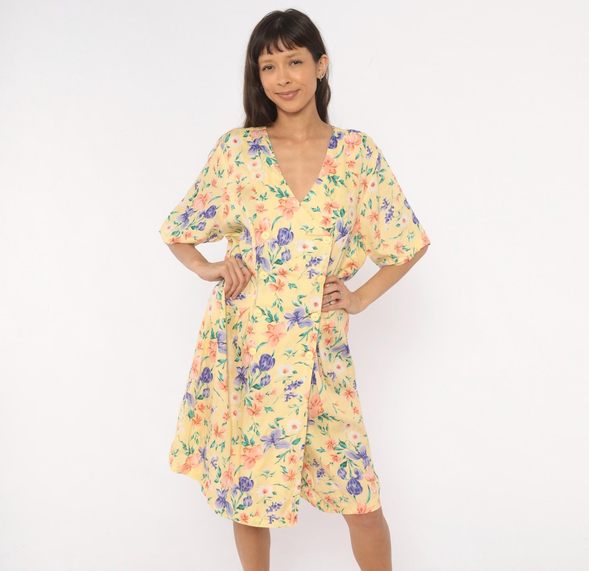 90s Jamie Brooke Floral Button Front Romper Yellow Garden Print Plus Size XXL