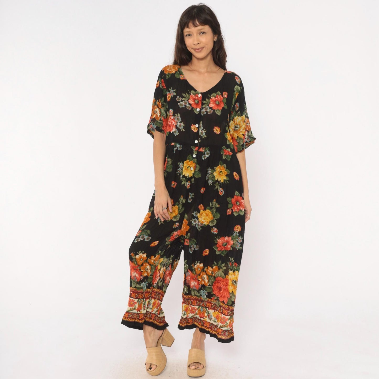 90s La Cera Floral Jumpsuit Black Rose Wide Leg V Neck Short Sleeve Extra Large XL