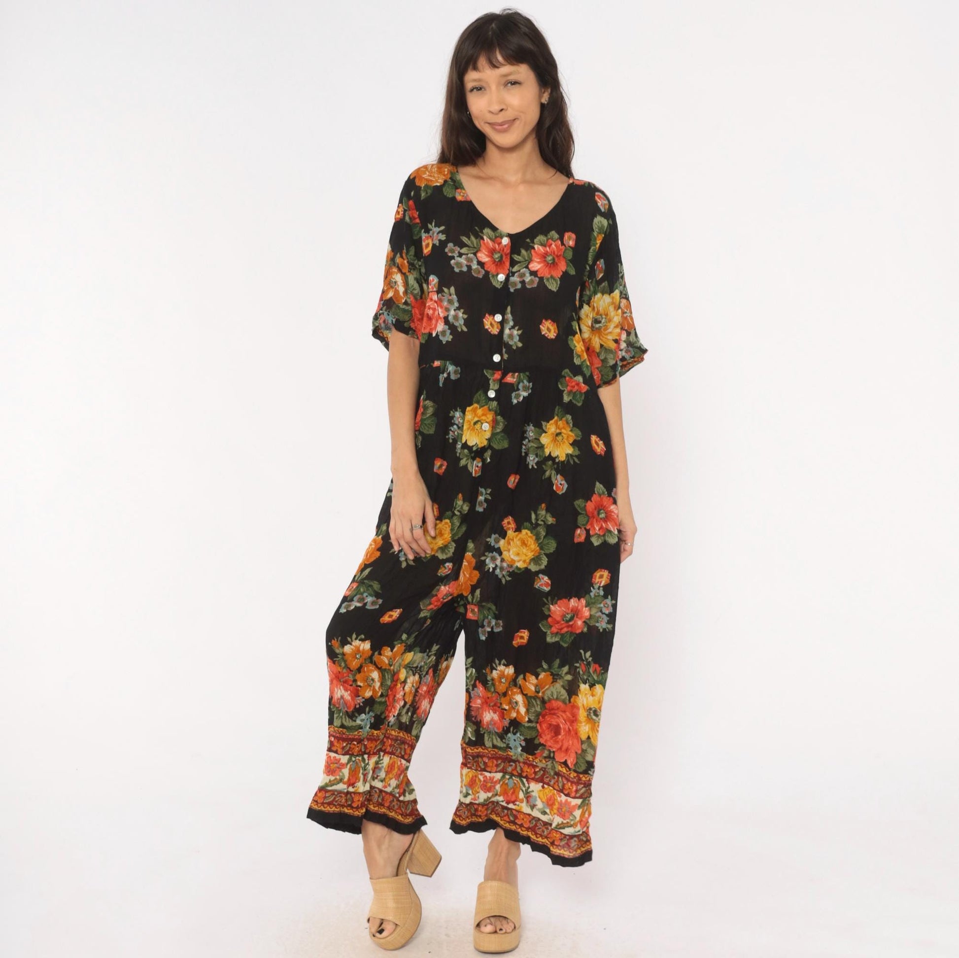 90s La Cera Floral Jumpsuit Black Rose Wide Leg V Neck Short Sleeve Extra Large XL