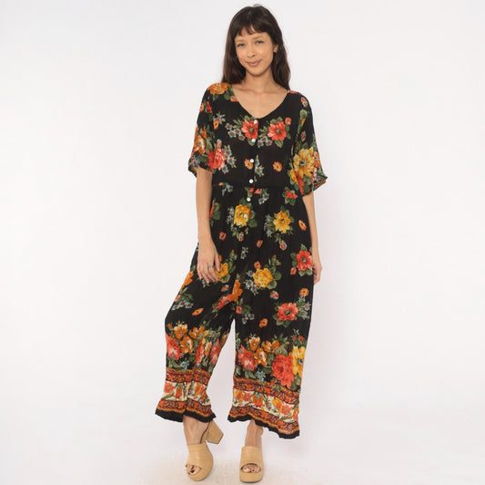 90s La Cera Floral Jumpsuit Black Rose Wide Leg V Neck Short Sleeve Extra Large XL