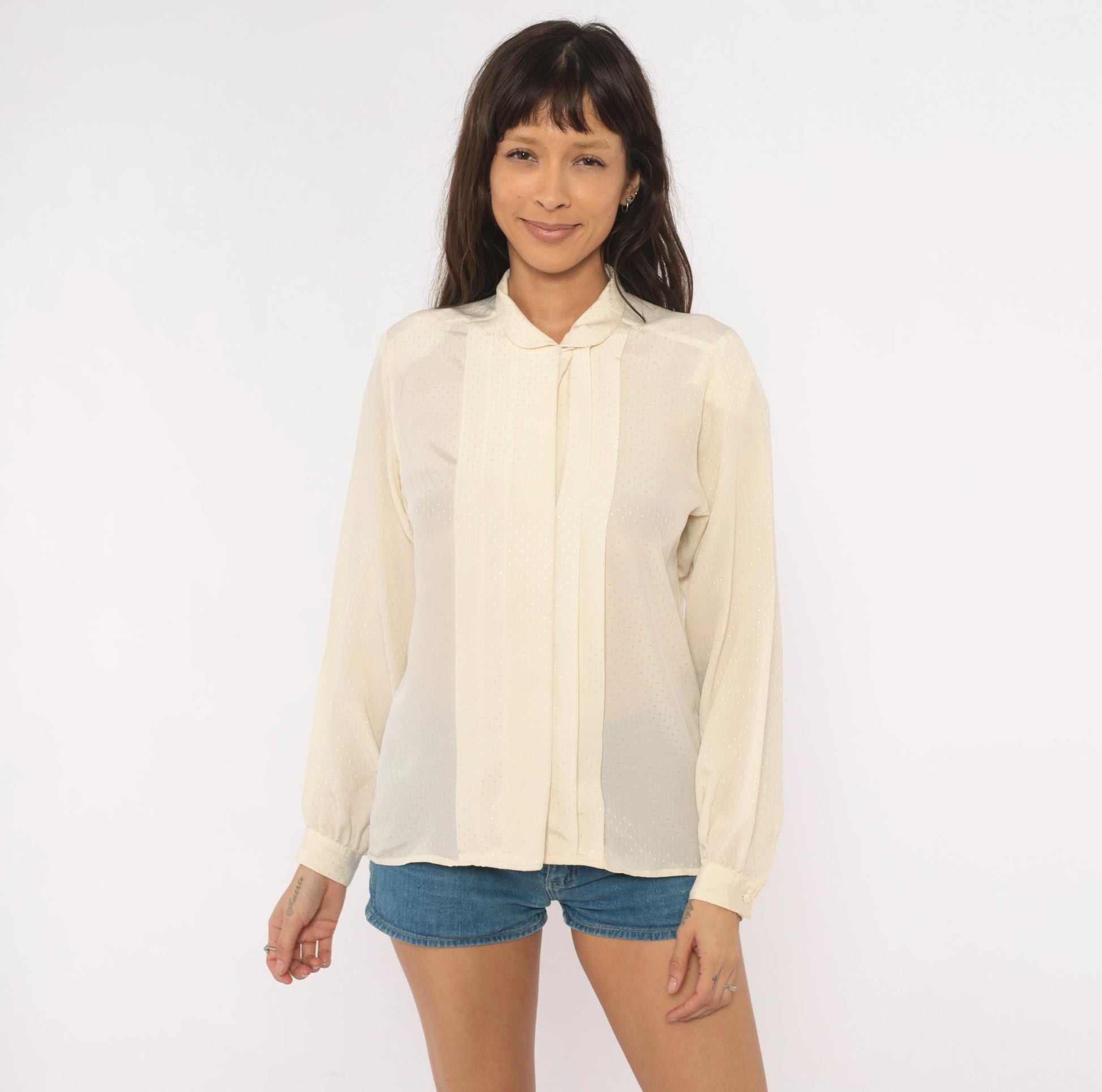 80s Country Suburbans Cream Swiss Dot Blouse Peter Pan Collar Small