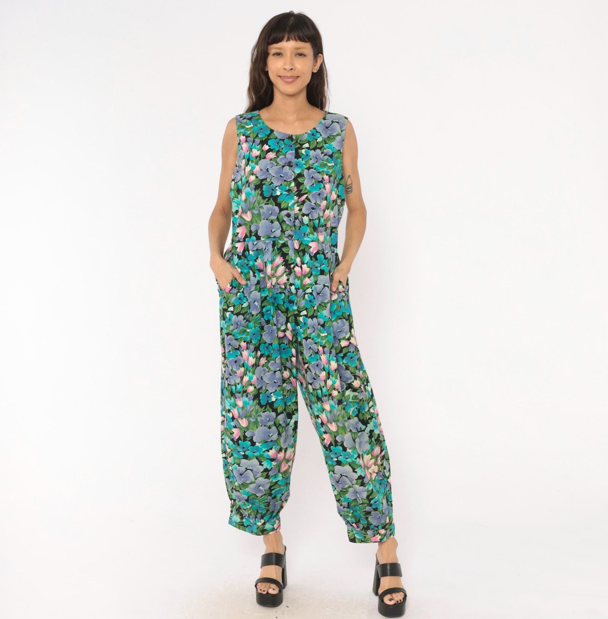 90s Maggie Breen Floral Jumpsuit Sleeveless Cotton Wide Leg Black Garden Print Medium