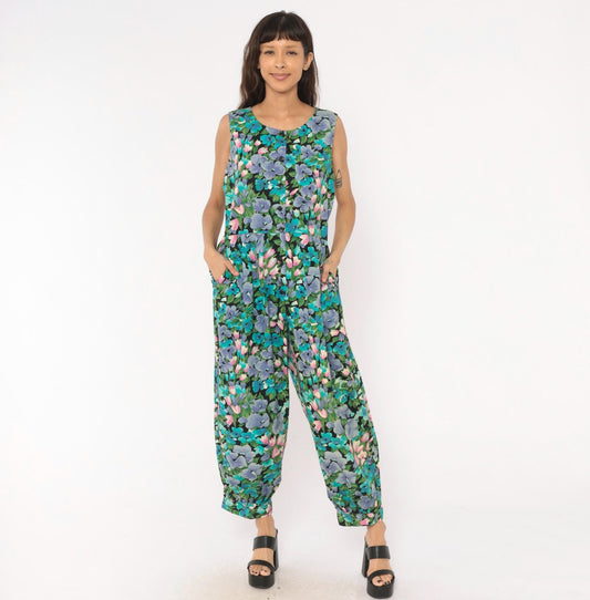 90s Maggie Breen Floral Jumpsuit Sleeveless Cotton Wide Leg Black Garden Print Medium