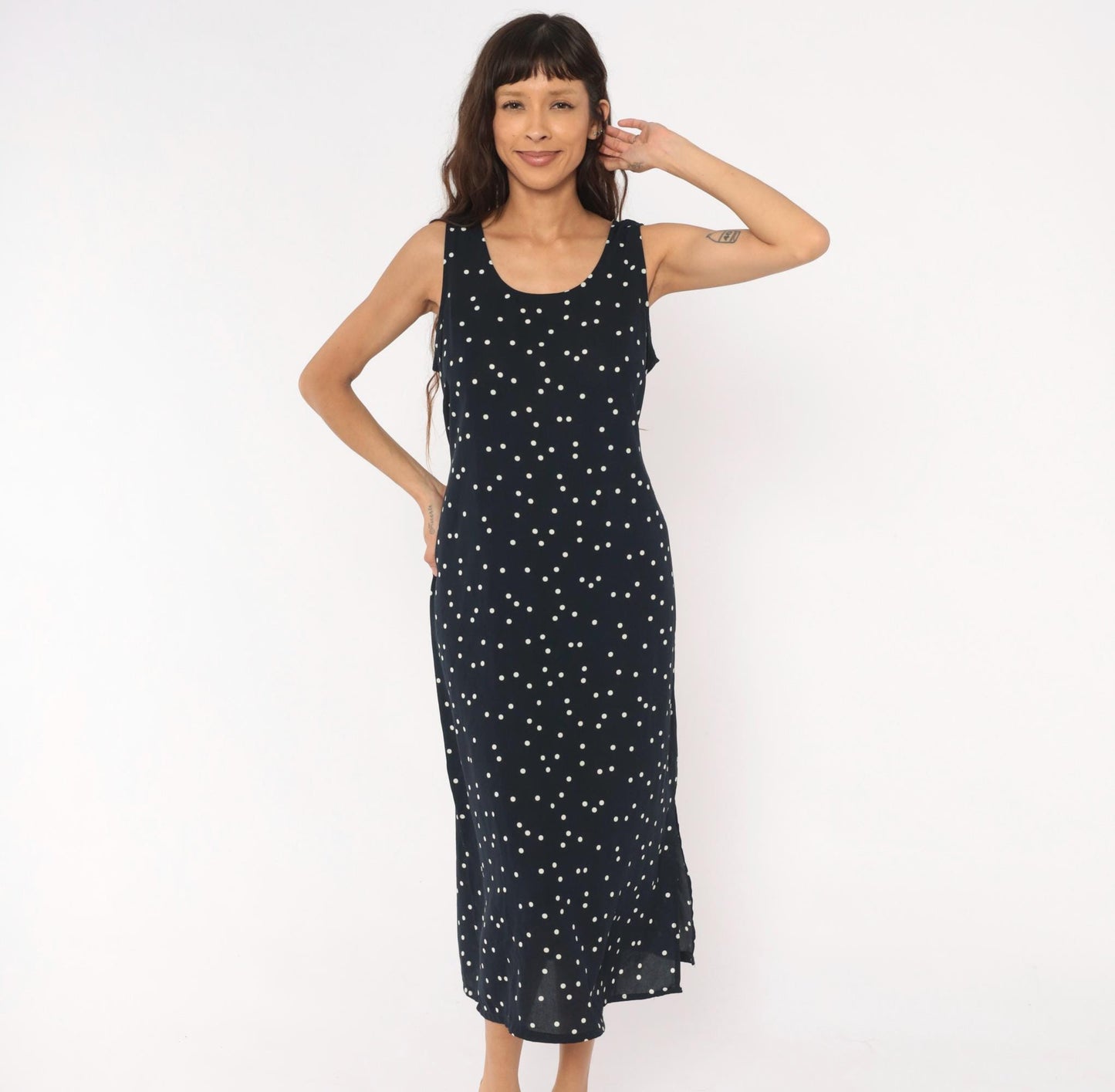 90s Navy Polka Dot Midi Dress Sleeveless Scoop Neck White Spotted Medium
