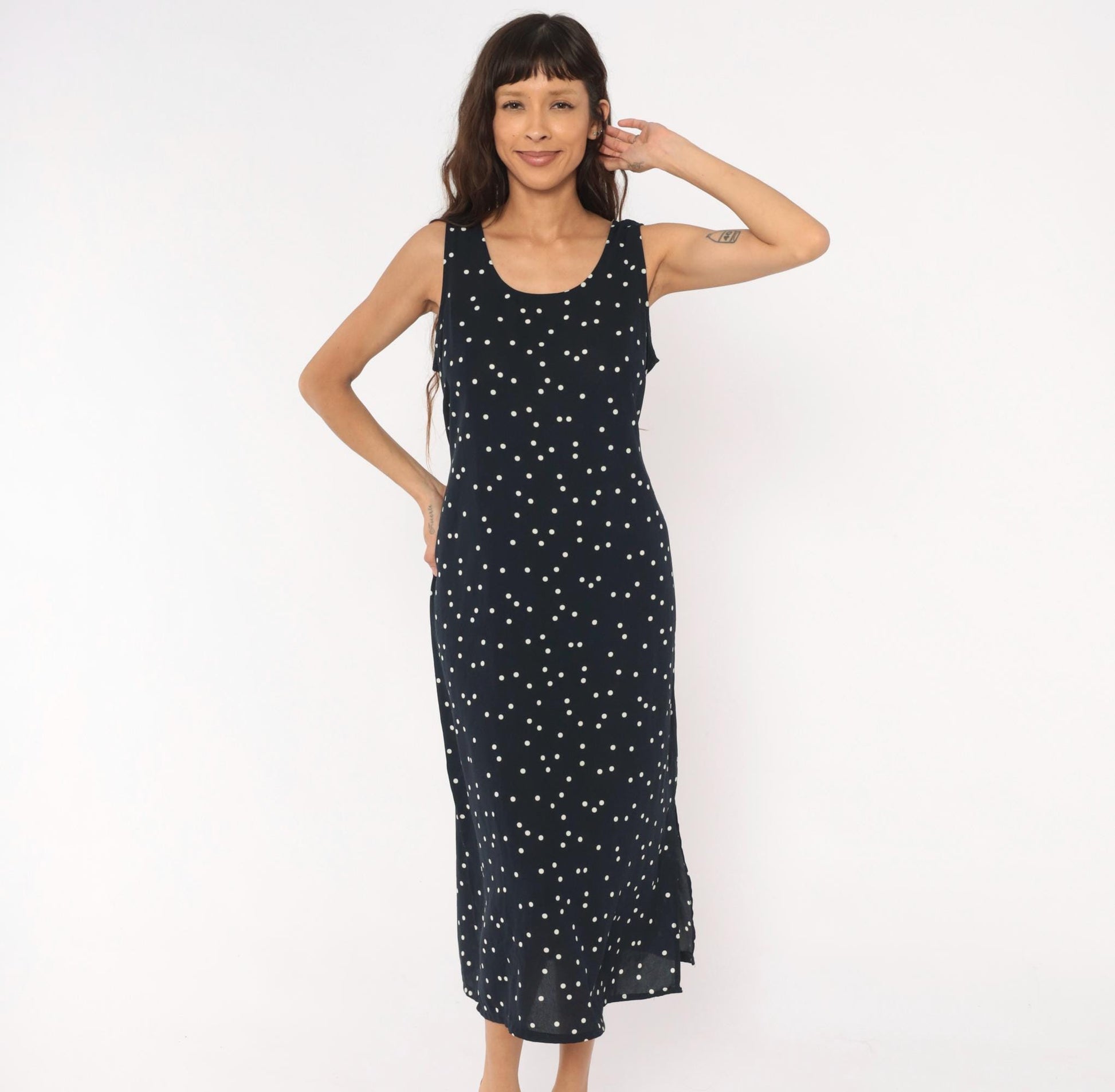 90s Navy Polka Dot Midi Dress Sleeveless Scoop Neck White Spotted Medium