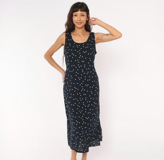 90s Navy Polka Dot Midi Dress Sleeveless Scoop Neck White Spotted Medium