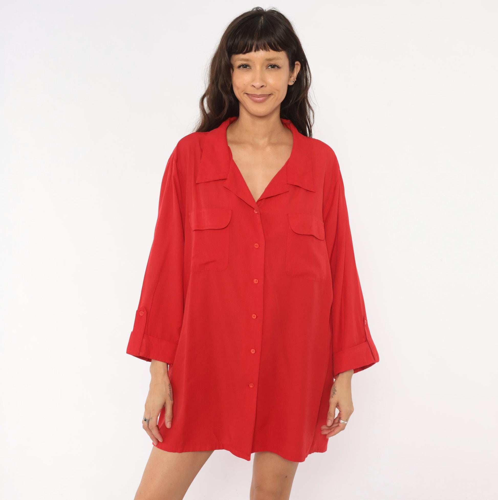 90s Carolina Colours Plus Red Camp Collar Shirt Dress Mini XXL