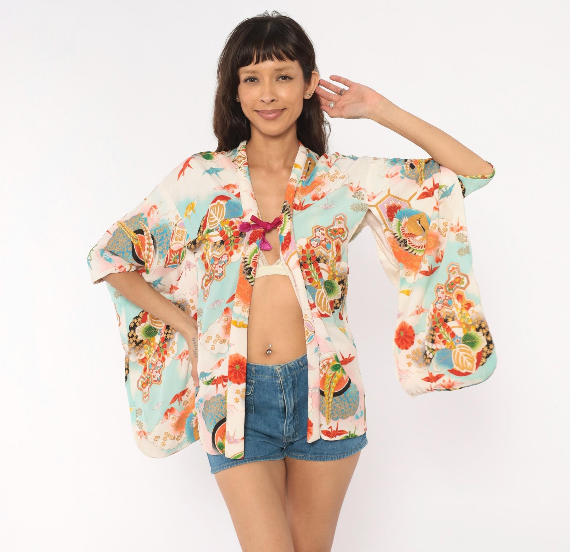 70s Japanese Kimono Jacket Origami Crane Floral Wrap Sky Blue Small S