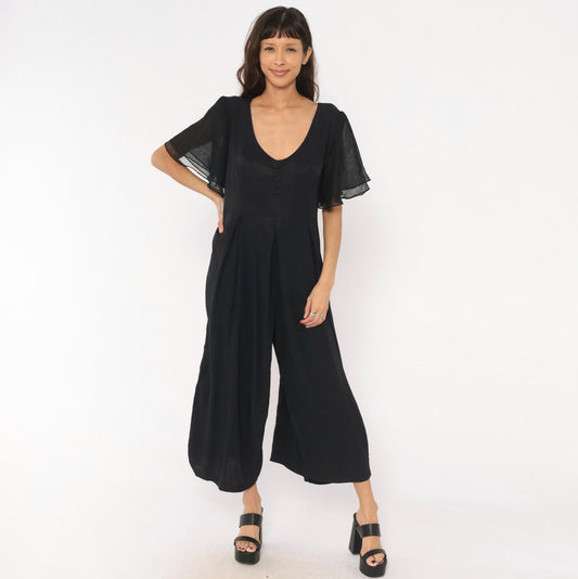 90s Jaffery & Dane Black Jumpsuit Flutter Sleeve Wide Leg Pleated Waist Large L