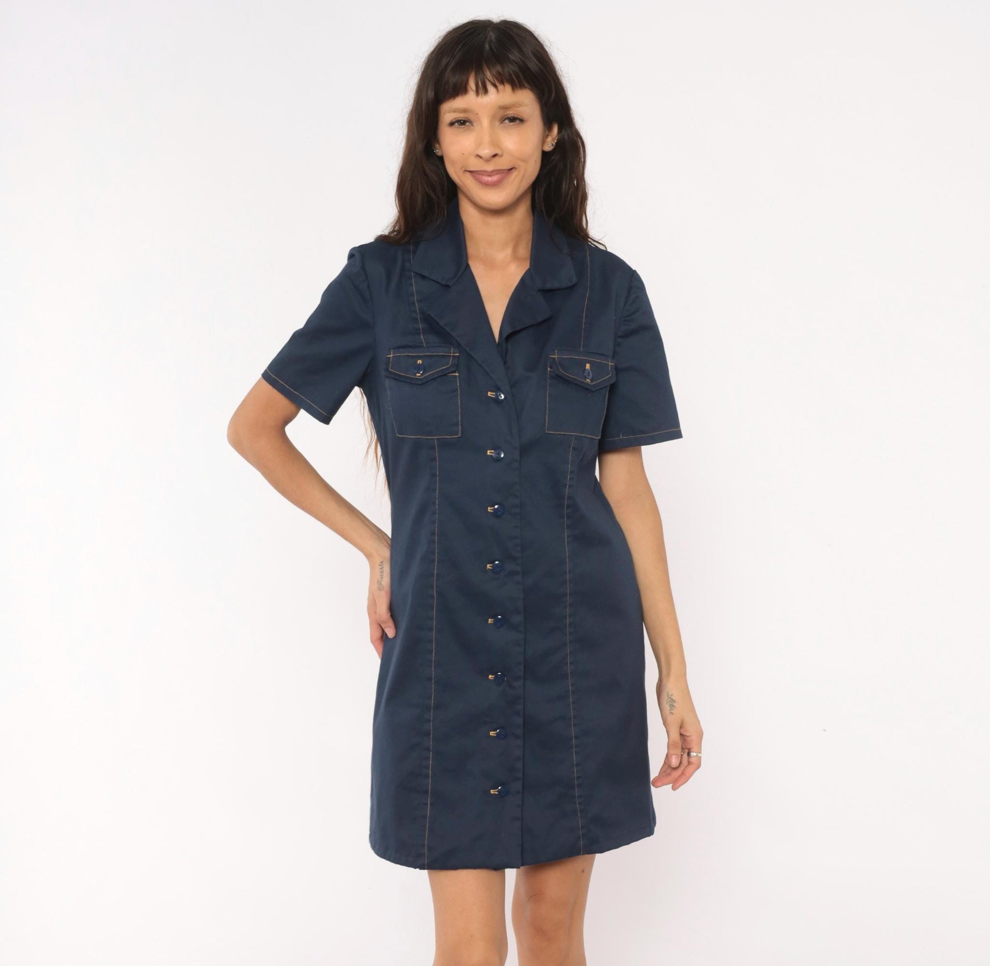 60s Navy Cotton Shirt Dress Button Front Notched Collar A-Line Medium M