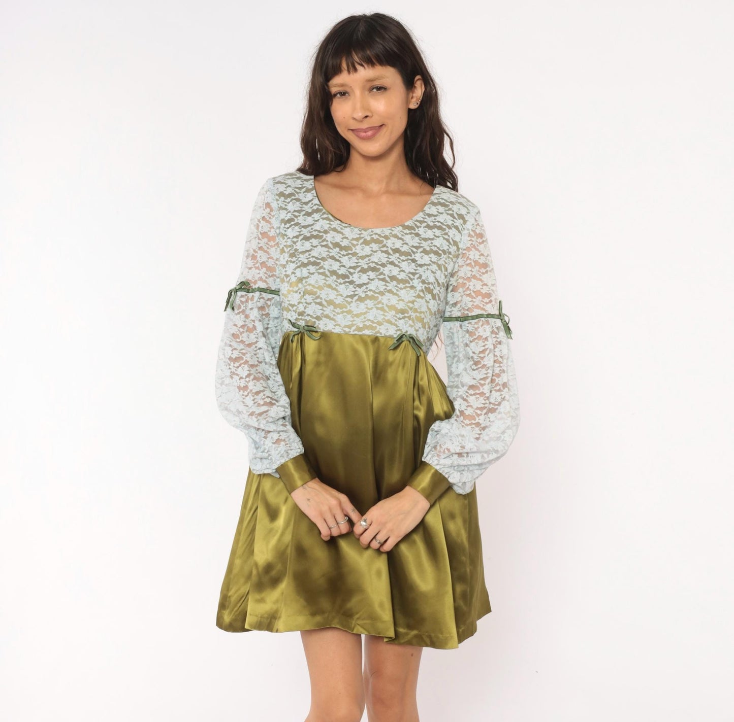 70s Olive Satin Babydoll Dress White Lace Empire Waist Balloon Sleeve Mini Medium