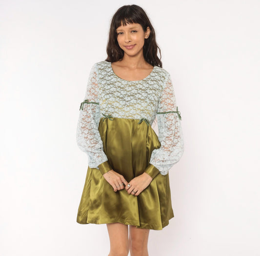 70s Olive Satin Babydoll Dress White Lace Empire Waist Balloon Sleeve Mini Medium