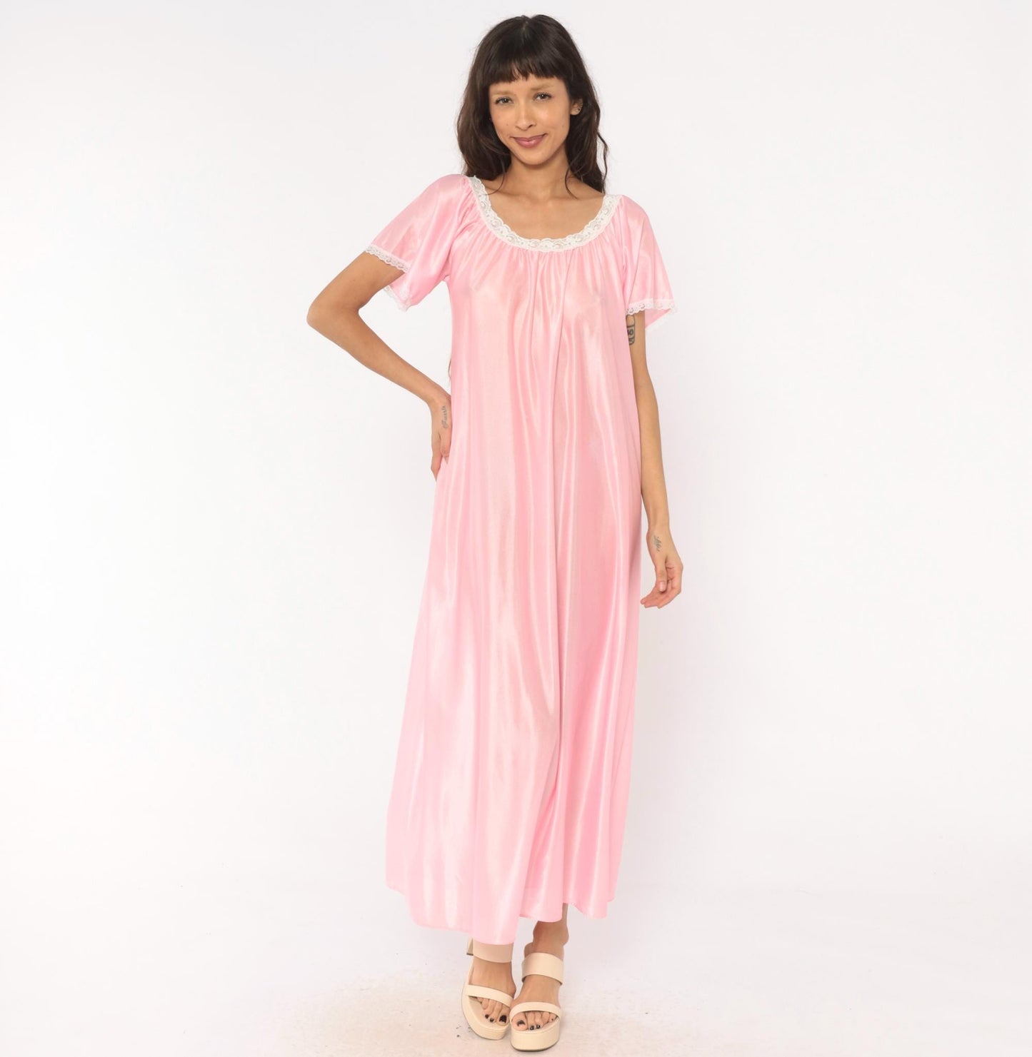 80s Private Moments Pink Maxi Nightgown Lace Trim Flutter Sleeve One Size