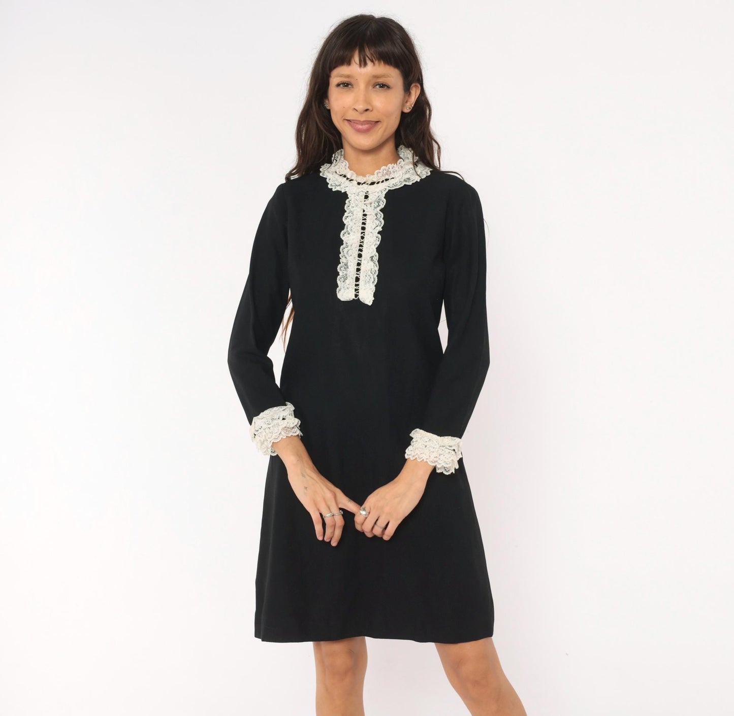 1970s Black Shift Dress Cream Lace Bib Collar Long Sleeve Knee Small