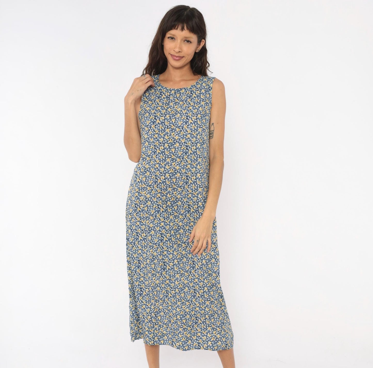 90s Studio Ease Ditsy Floral Midi Dress Navy Blue Yellow Sleeveless Petite Medium